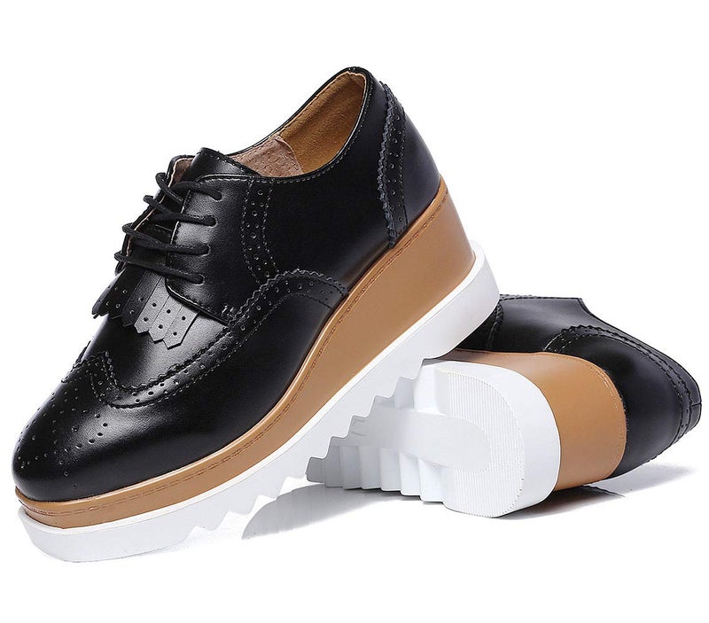 DADAWEN Women's Fashion Tassels Square-Toe Lace-up Platform Wedge Oxford Shoes Black US Size 7.5 - Image 4